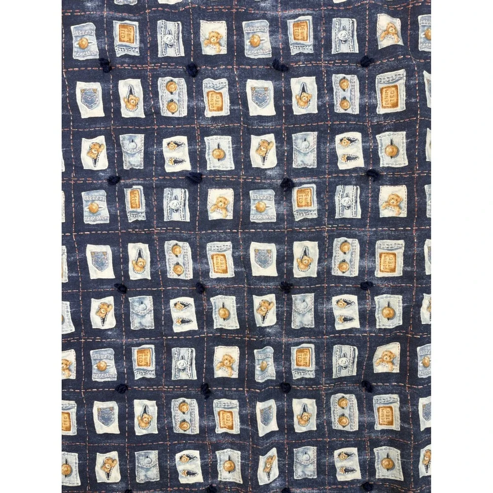 Vtg 1996 Denim Ted Bear Pockets ‎ Baby Blanket Navy Blue 32x40